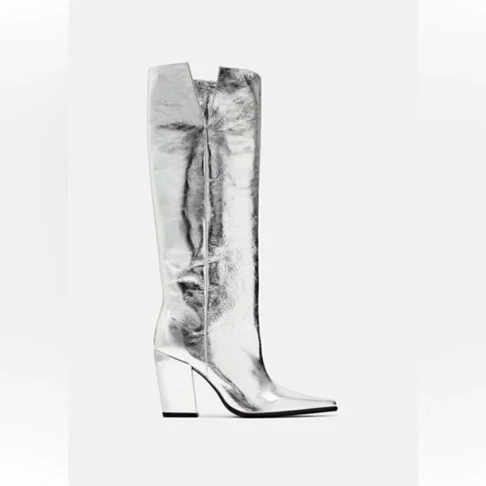 ZARA 100% LEATHER METALLIC HEELED KNEE HIGH BOOTS - Picture 2 of 13